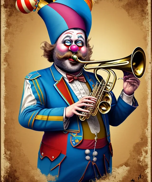 mechanoid happy old friendly fat clown with trimmed beard playing jazz with a steampunk theme, trumpet, realistic