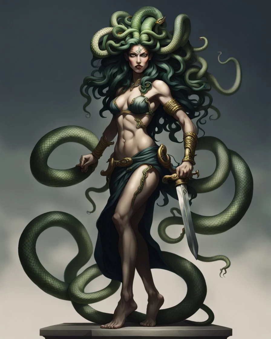 detailed persona, female, sword in hand, gorgon medusa, half turn, full height, leans on one leg, snakes on the head instead of hair