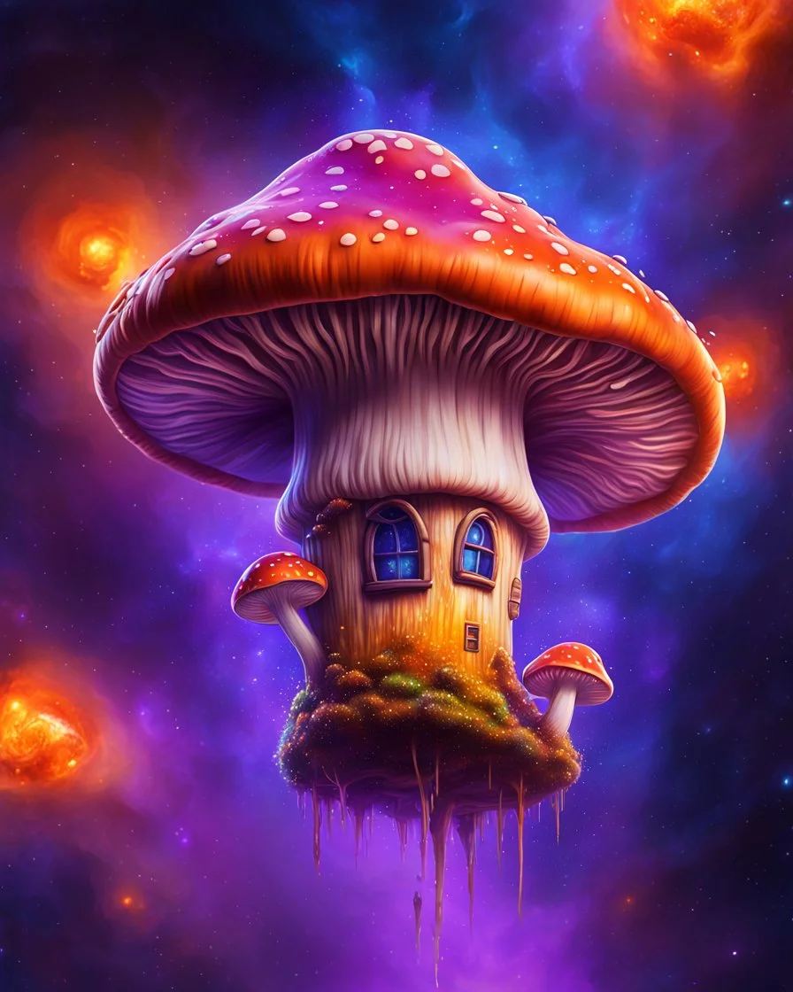 A lonely floating island mushroom house in space. orange blue purple, deep space nebulas. Detailed gloss Painting, bright color, fantastical, intricate detail, splash screen, hyperdetailed, insane depth, concept art, 8k resolution, trending on Artstation, Unreal Engine 5, color depth, backlit, splash art, dramatic, High Quality Whimsical Fun Imaginative, good composition