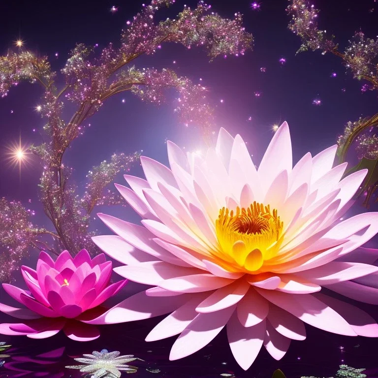 one big crystal subtle lotus in a galactic ambiance with a beautiful fairy, delicate colors, finely tuned detail, ultra high definition, 8 k, unreal engine 5, ultra sharp focus