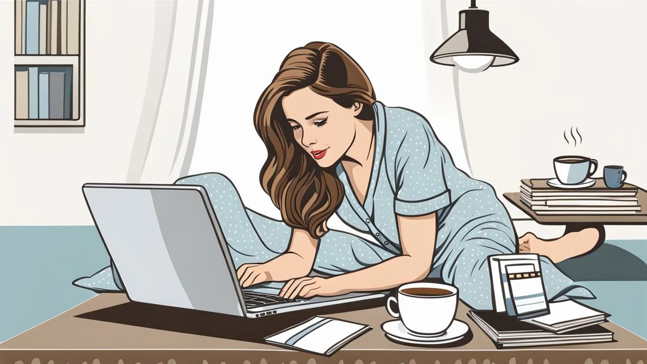 stockphoto about a woman a woman hiding under the bed and working on a laptop, she has half-length brown hair and wearing pajamas , pale light, half socks and a mug of coffee next to her, high detalied, sharp focus, high realistic photo, perfect shot