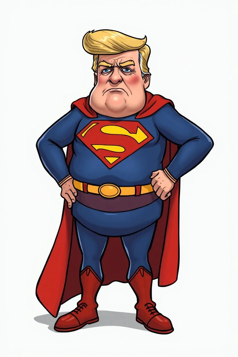 a thoroughly confused, frail, elderly and obese donald trump standing dressed as cartoon superman