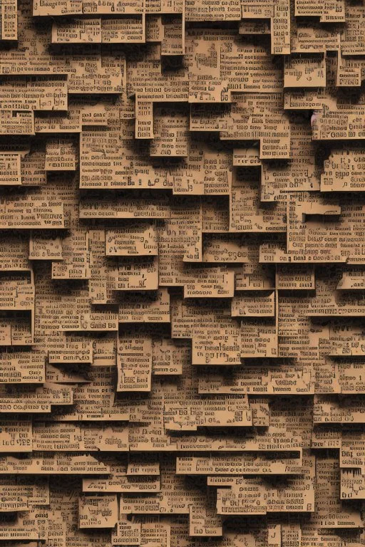 A brick wall made up of words and letters of the English alphabet, Many letters, abstraction. A high-resolution image of 8 K.