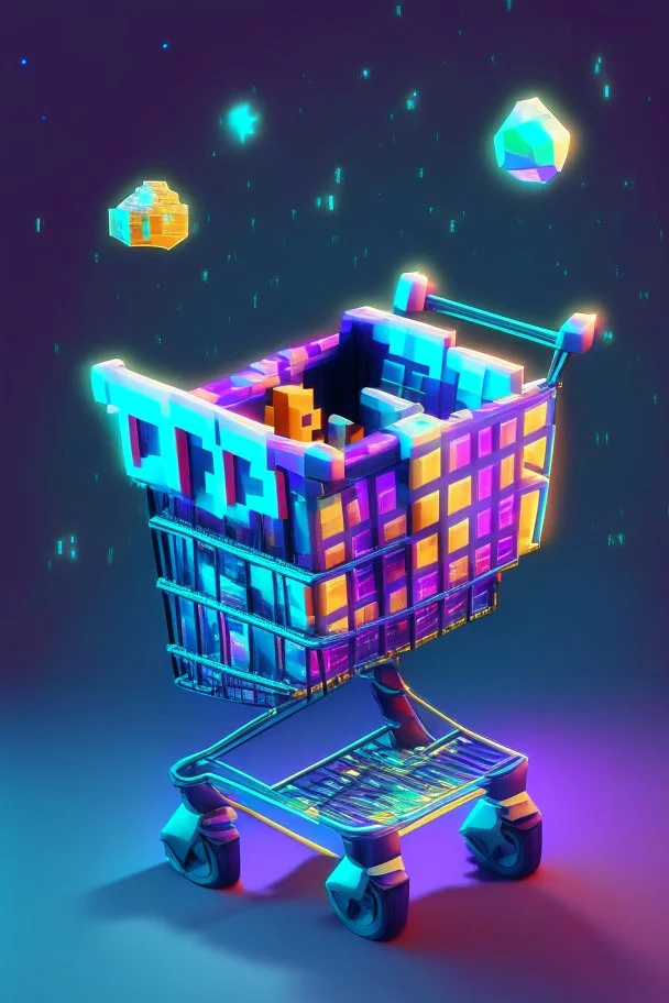 voxel shopping cart in game asset house anime cyberpunk style starry background