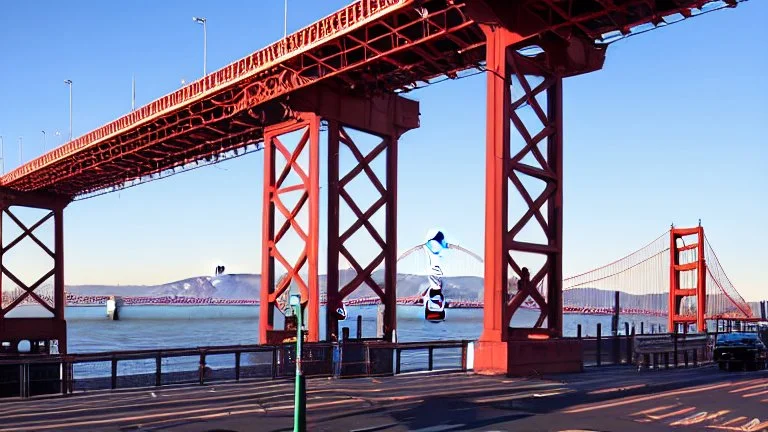 A Tesla's 'Model S Plaid' is doing donuts, over the 'Pier 39', in San Francisco. CINEMATIC. WIDE ANGLE LENS.