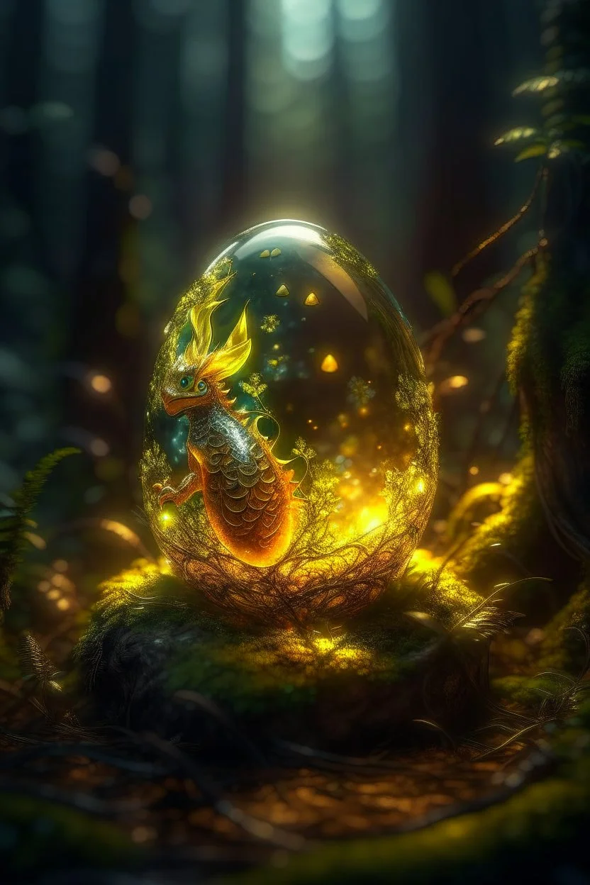 picture of a magical forest sparkling with light,cute fire dragon inside transparent egg,shot on Hasselblad h6d-400c, zeiss prime lens, bokeh like f/0.8, tilt-shift lens 8k, high detail, smooth render, down-light, unreal engine, prize winning