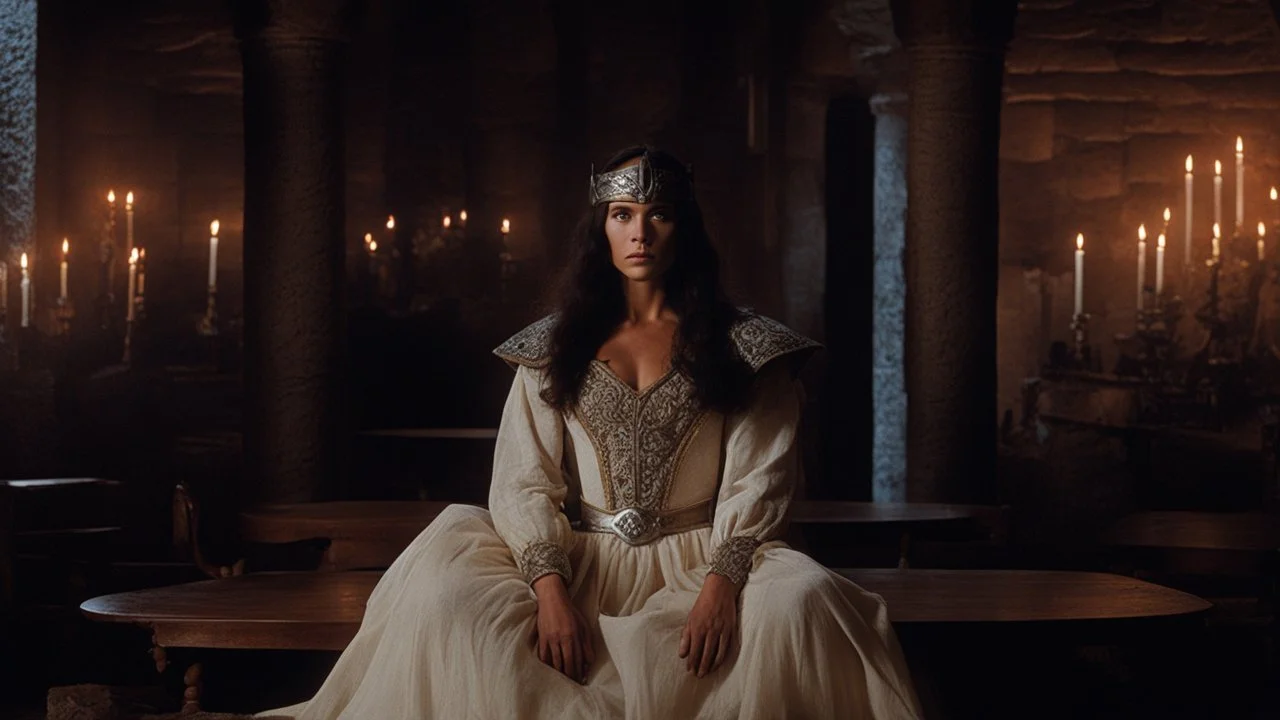 [Conan The Barbarian (1982)] In the dining room of the large castle, she sits alone in a linen dress at the grand table. The flickering candlelight casts dancing shadows across the walls. Her eyes are drawn to a majestic statue mounted on the wall, depicting a woman clad in armor, strikingly similar to herself. The intricately carved features of the armored woman seem to gaze back at her, as if urging her to embrace her destiny.