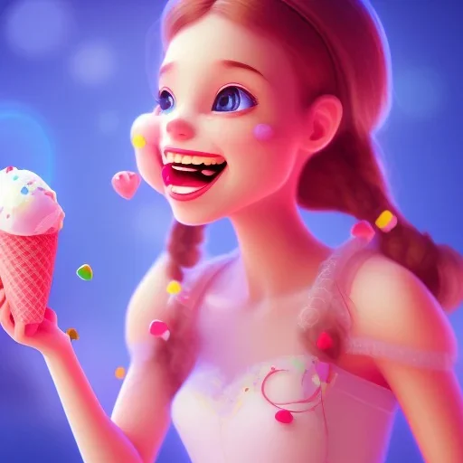 cute, adorable, smiling girl eating ice cream, candies flying all around her, Pixar, disnet, cinema lighting, gaming, 8k, magic, love --q 1 --v 4 mdjrny-v4