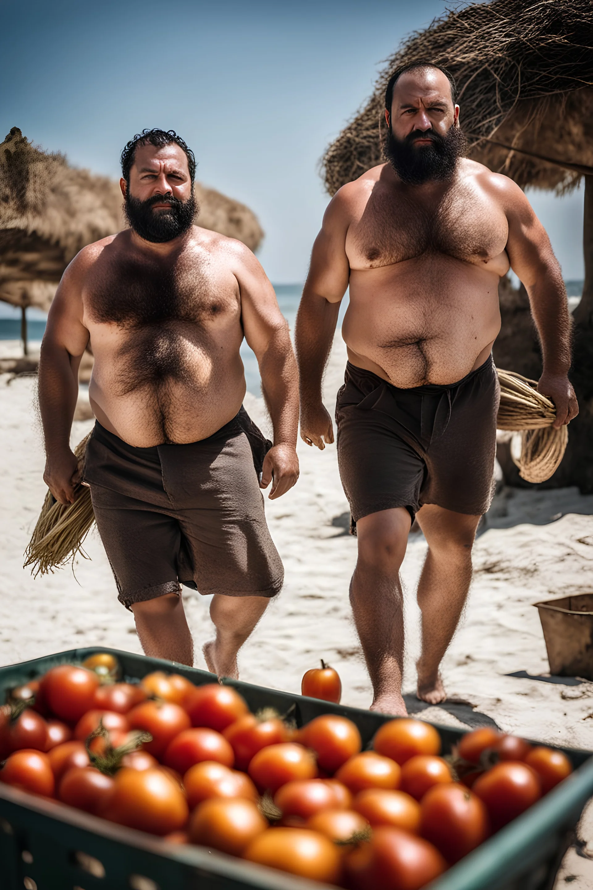 close up shot photography of two tired chubby muscular beefy hairy burly 39 years old ugly turkish carpenters, short beard, shaved hair, shirtless, manly chest, bulging white shorts, tired eyes, walking on the beach in the sun holding tomatoes baskets, big shoulders, side light, sweat and wet, ground view angle