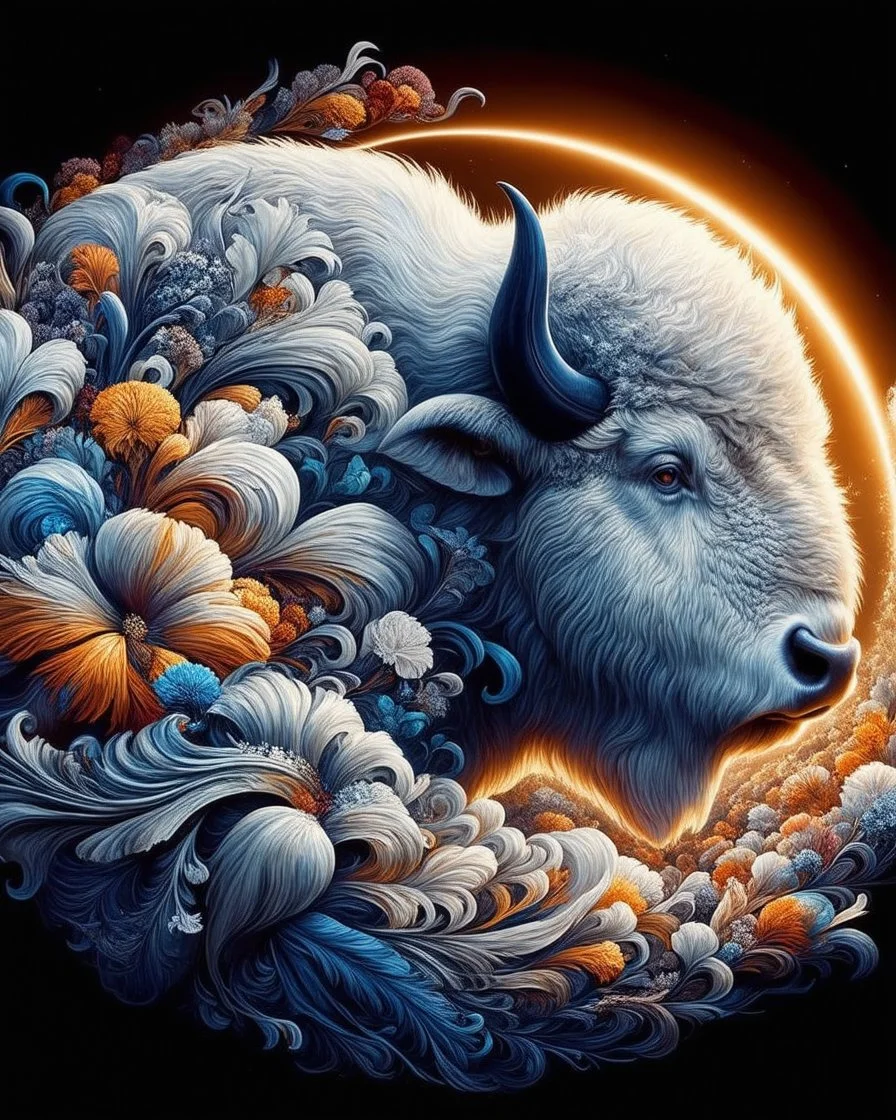 Reveal the majestic beauty of 'The Great White Buffalo' with a captivating visual representation, overflowing with precision, clarity, and vibrant colors. Utilize 4K resolution, the entire color palette, and meticulously emphasize patterns, delicate elements, and intricate textures, ensuring crystal-clear focus and seamless integration with quality standards and relevant keywords. "