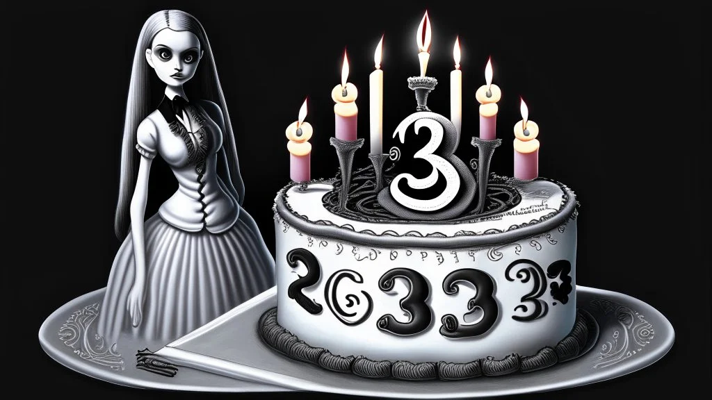 draw a birthday cake with logo number 23 and one candle 23 ,Insanely detailed Addams Family movie still with Barbie dolls