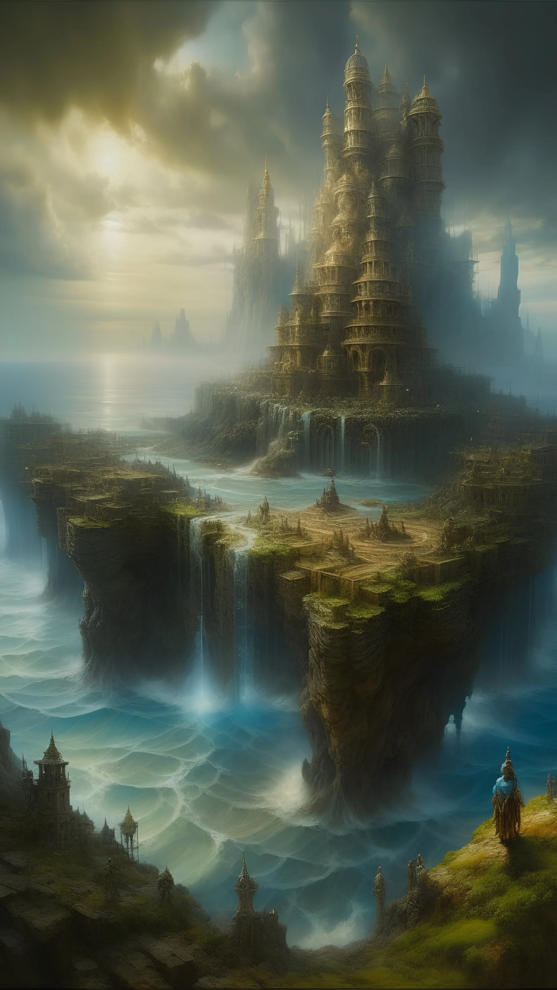 oil painting, flooded city, some small islands visible in the distance and there is a single human on each of them, seeing everything from a tall cliff