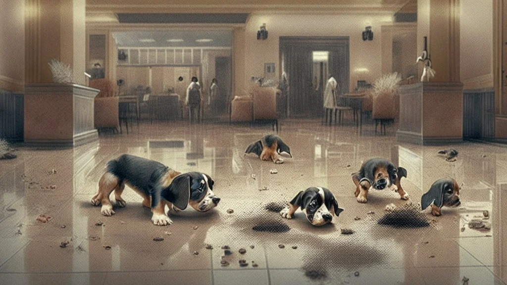 hotel lobby with dirty puppies pooping all over the floor