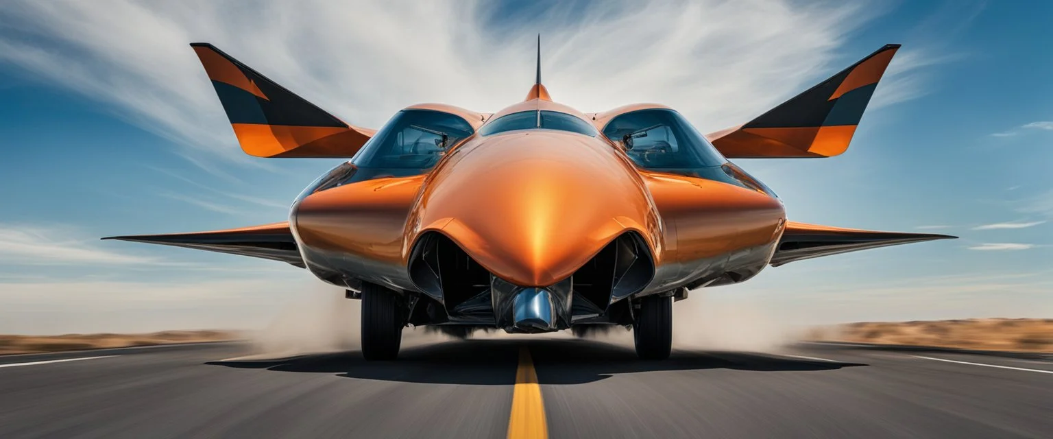 A national geographic award-winning photograph of a military fighter jet station wagon elephant hybrid bilaterally symmetrical designed by skunkworks, only one vehicle per image painted metallic orange traveling at a high rate of speed, jet intake off of the front center of vehicle and jet exhaust out the rear with bright blue flame soviet retrofuturism, cassette tape futurism, sleek but squared, tremendous nuclear powered engine