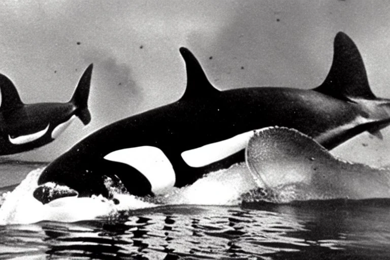 An orca army pod fighting in WW2, swimming up a stream to attack, orca insurgents, armored orcas