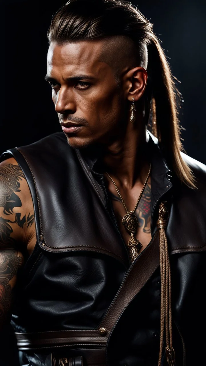 portrait of a 35 year old Handsome muscular male with dark bronze skin adorned with tattoos. His long light brown hair is tied back in a pony tail. He's wearing a leather vest and has a dagger which hangs from his belt. Dark fantasy. Hyperrealistic