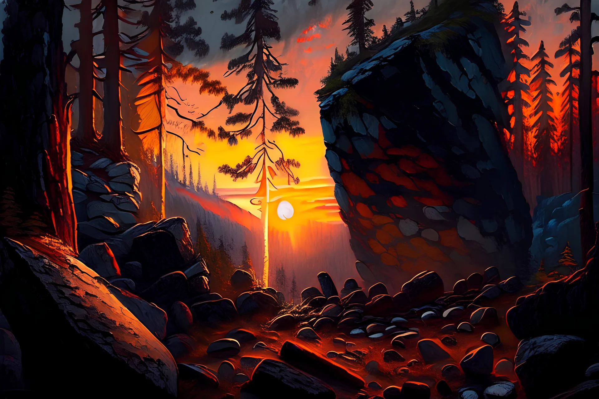 Sunset, forest, rocks, epic, otto pippel painting