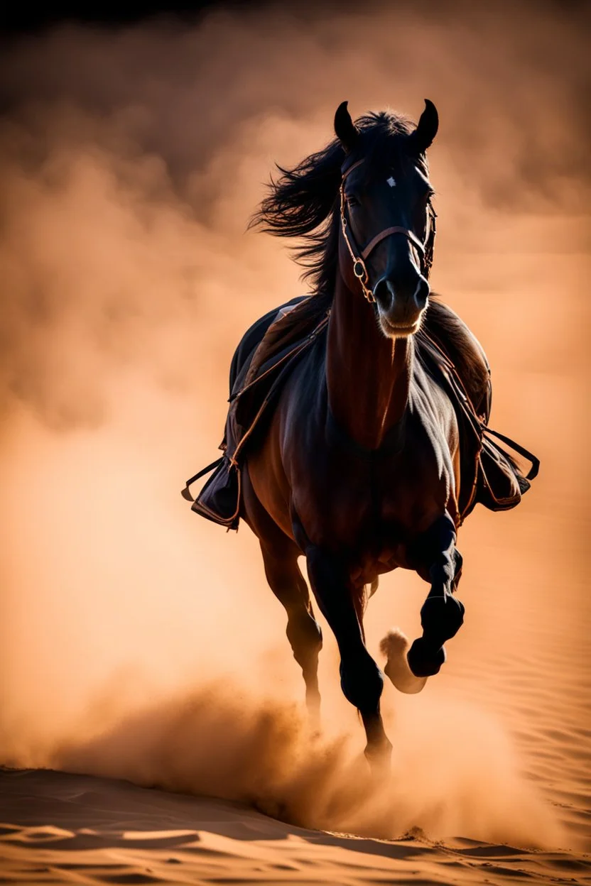 Photography Mistery of Black Ghost Man Arabian,Black Horse,Walking alonely on desert darkness night background