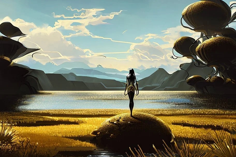 A skinny woman with black hair, in a gold and black android suit, standing, looking out over a lake, with flying dandelion heads with octopus tentacles, with tall narrow cloud trees in the distance