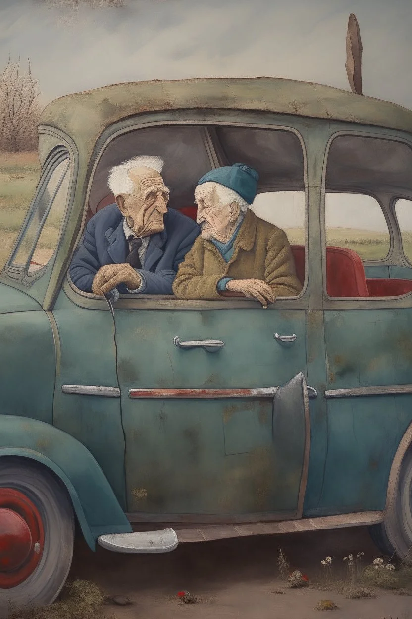 A couple of old people sitting in an old car Bosch style painting