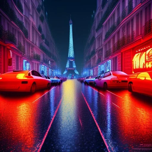 Cyberpunk street view in night, Paris, rain, ground reflection