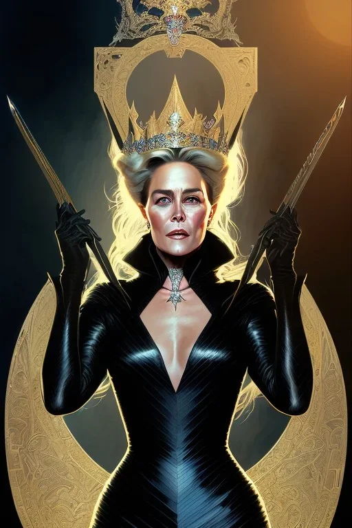 painting of Sharon Stone as evil queen in black leather gown, feminie, angry, stern look on her face, emperious, highly detailed, digital painting, artstation, concept art, smooth, sharp focus, illustration, art by gaston bussiere and alphonse mucha