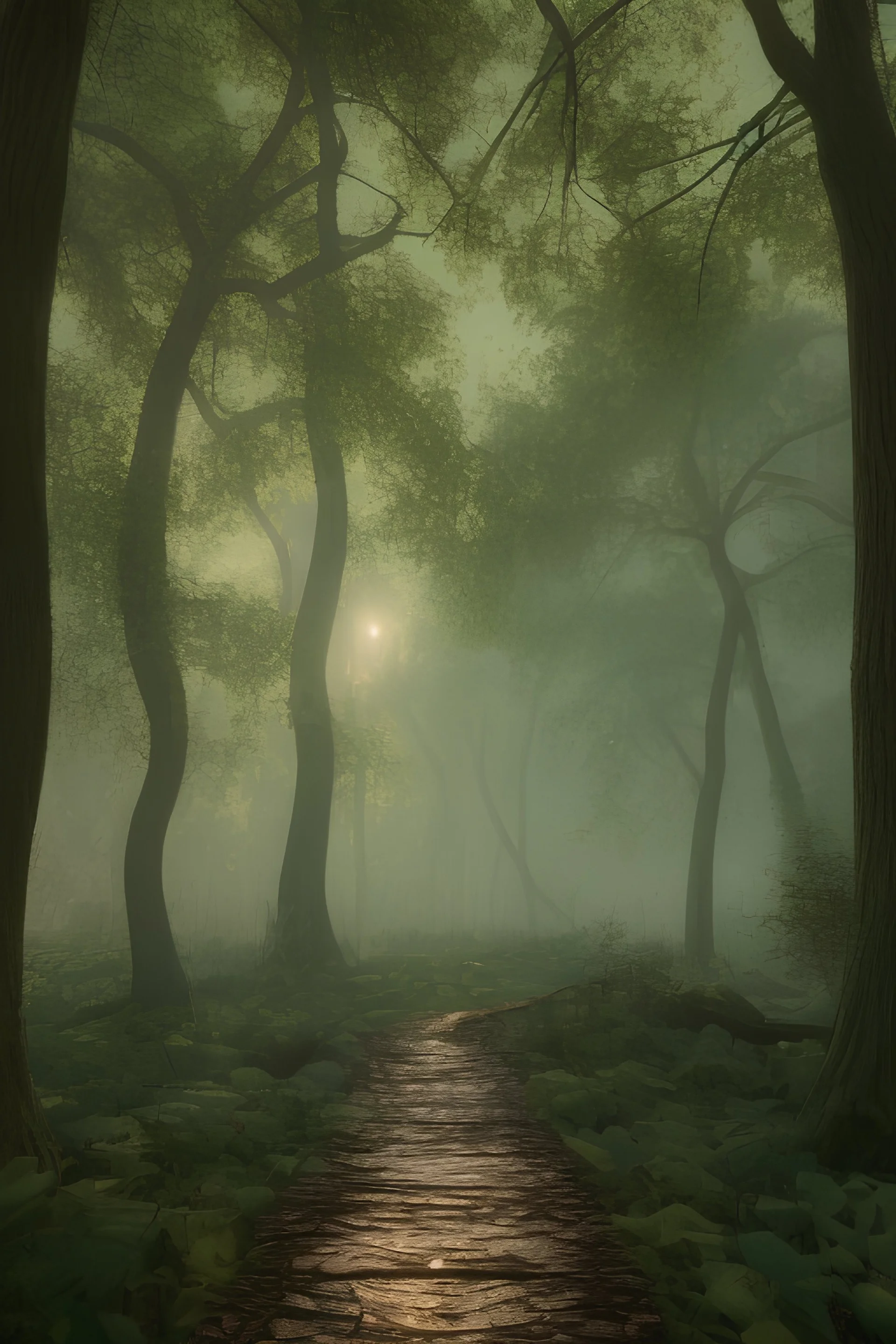 forest trail, teal mushrooms, dusk beside a lake
