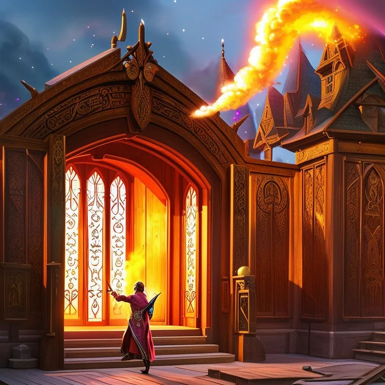 Half opened massive wooden door with lots of engraved magical symbols. Colorfull magical smoke coming out of the door opening. Harry Potter. Magical. Epic. Dramatic, highly detailed, digital painting, masterpiece