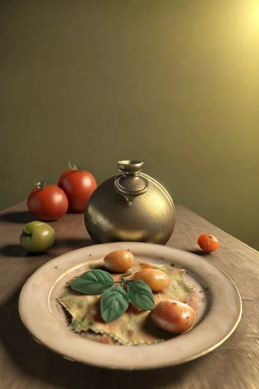 Ravioli by renaissance style still life oil painting, dish, natural tomato, albahaca, olives, olive oil, moisture, art, natural, ornaments, high kitchen, smooth, gradient color background, unreal engine 5, ray tracing, RTX, lumen lighting, ultra detail, volumetric lighting, 3d.