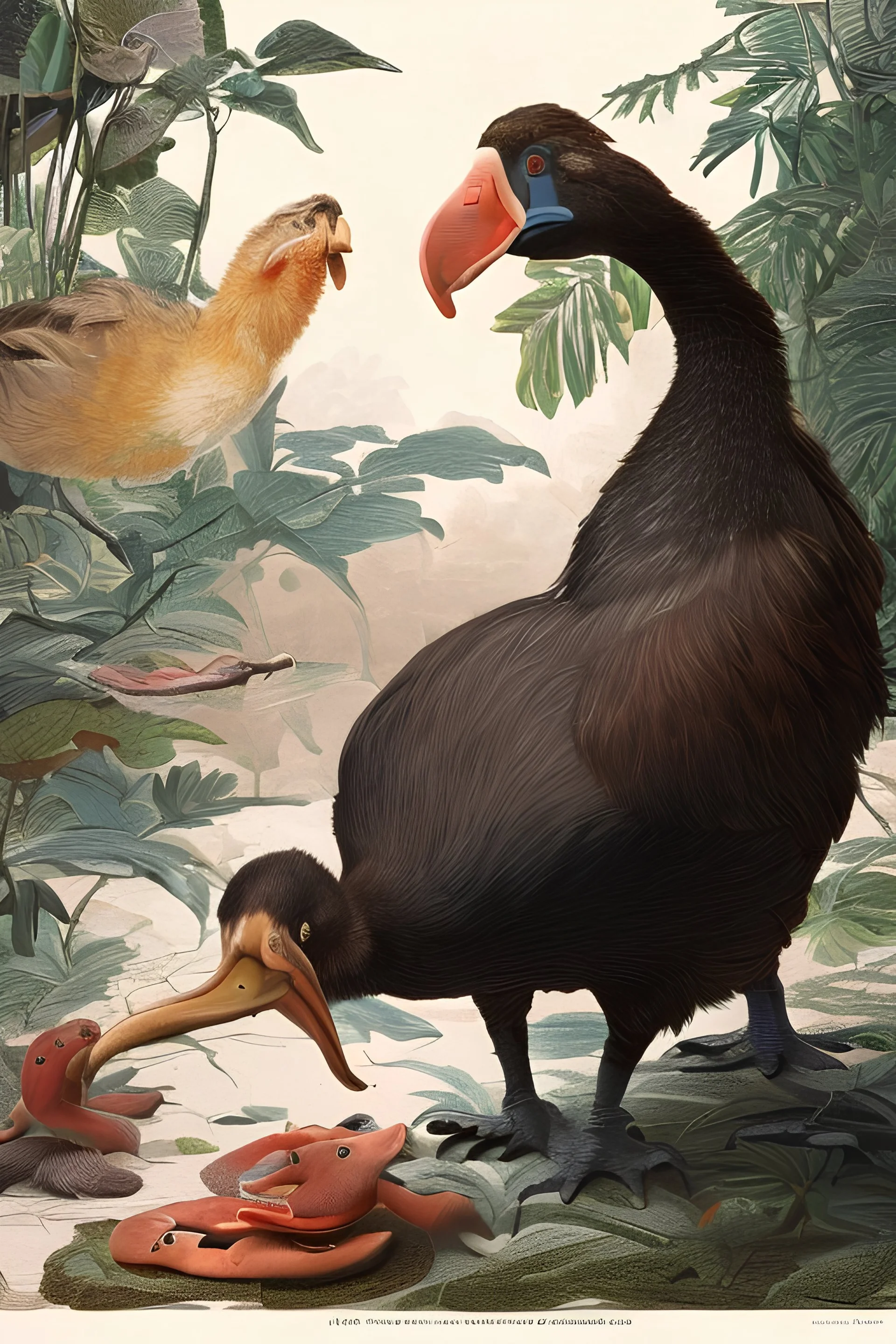 John James Audubon-like illustration of a fully uncropped Dodo bird and a Platypus in a chinoiserie landscape of warm yellows, warm reds, and warm blues