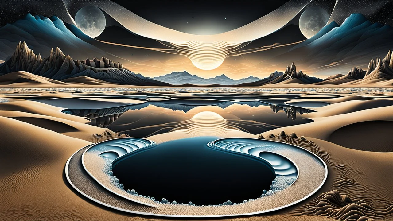 Abstract Landscape with surreal iced desert, mountains, iced water, reflections, sharp lights and shadows . The scene features circles, lines and ovals, all enhanced by overlapping, adding depth and dimension. In the scene old bones lying in sand in the right side. The sky is dramatic, filled with swirling dark clouds , creating an intense atmosphere. The color palette consists of rich, deep hues, watercolor and dark ink, like a dark dream