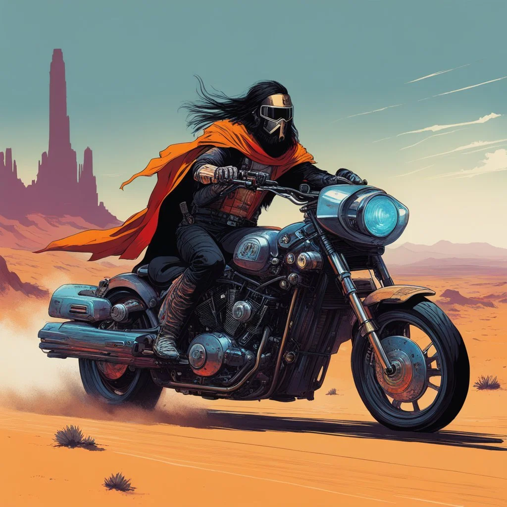 [speedy sci-fi concept design by Dorohedoro] Jesus Christ rides a cyberpunk style motorcycle with big engine, in the desert