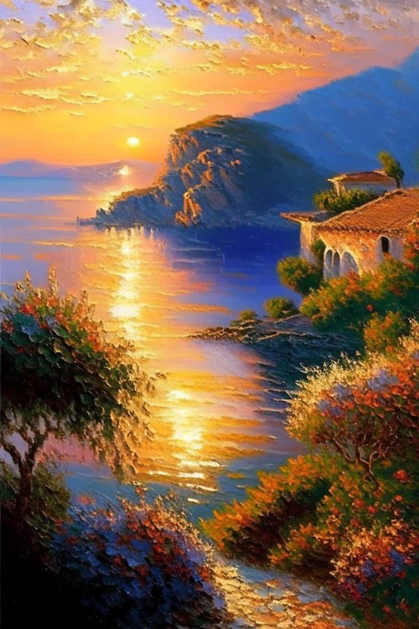 Greece landscape oil painting, detailed Claude Monet, detailed, sunrise