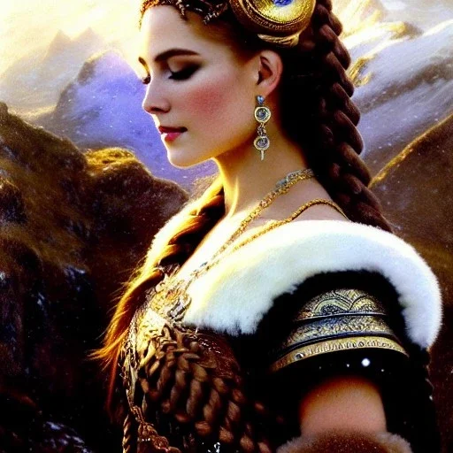 Drawing of beautiful face viking queen,braids,extra busty,snow,castle,mountains,ancient leather armor, balanciaga fashion clothe painting by gaston bussiere, greg rutkowski, yoji shinkawa, yoshitaka amano, tsutomu nihei, donato giancola, tim hildebrandt, oil on canvas, cinematic composition, extreme detail,fit full head inside picture,16k