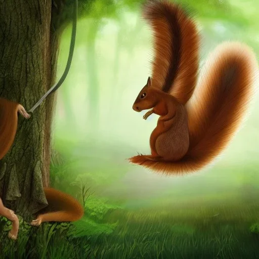 Fantasy image,wooded background, Giant squirrel,attacking a person,d&d