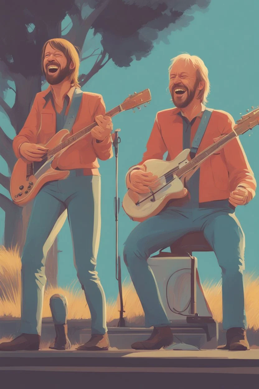 The band ABBA, very happy and laughing, Simon Stålenhag cartoon style