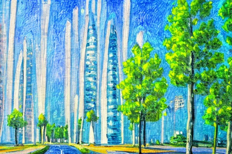 Futuristic buildings near tree zone, impressionism painting