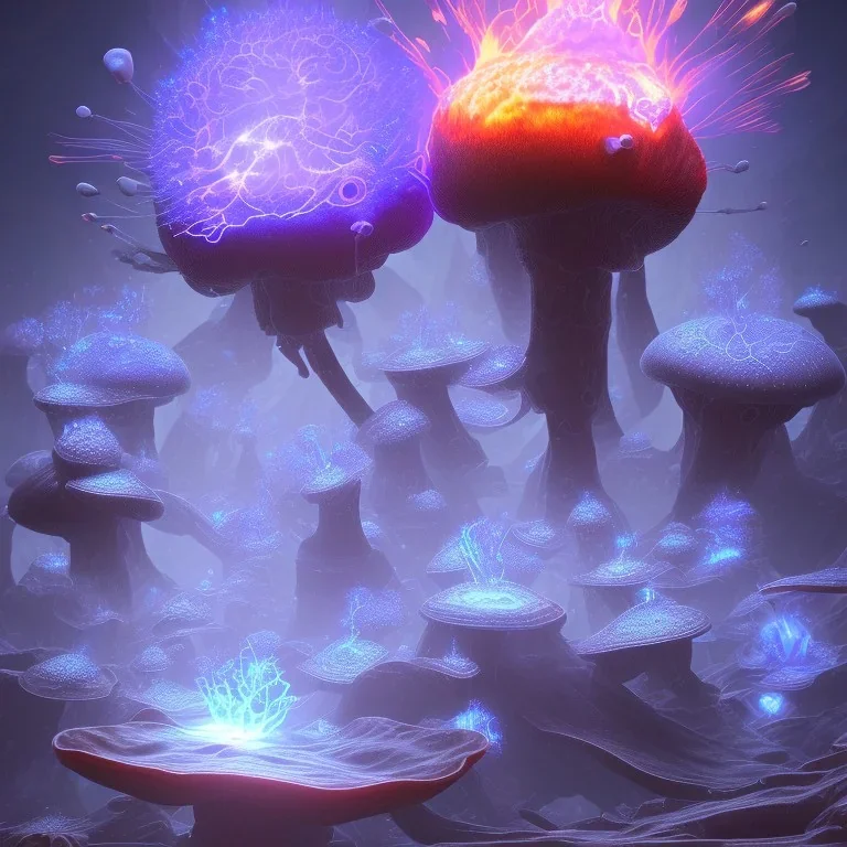 Spherical Frost metal magic armoured lightning Mycelium giant blob MUSHROOM flower erupting with BLUE FLAMES hellfire abyss stars SPACE lANDSCAPE