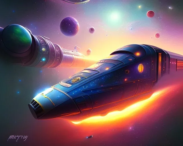 paint whimsical space train going through space galaxy stars nebula, high definition hyperdetailed train by Johan Grenier matte background landscape elemental mysterious colorful sci-fi