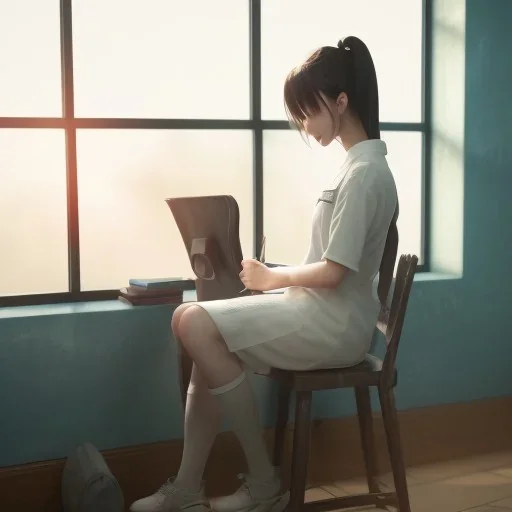 female student studying by the window, anime style, full body, cool face, unreal engine 5, cinema4d, sun light, studio lighting --ar 1:1 --v 4