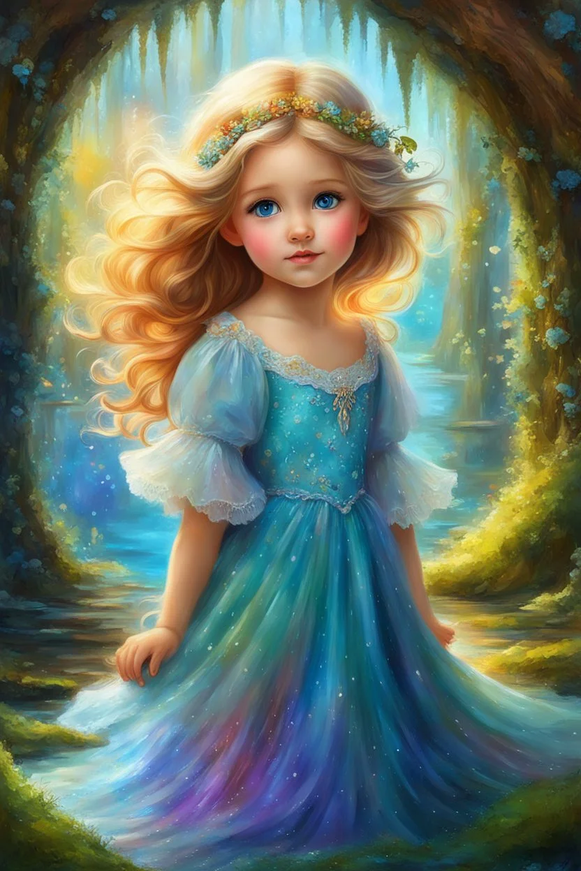 Masterpiece, best quality, digital painting style, adorable digital painting, beautiful fantasy art, colorful. In a dress spun from dreams and pure delight, A pretty little girl with hair so bright, Her big blue eyes, a window to her soul, In a fairy fountain's shimmering aureole. Beneath a big alder with colors so bold, Mosses whisper secrets, stories untold, In this magical world, vibrant and alive, She finds wonder in each vivid hue, jive.