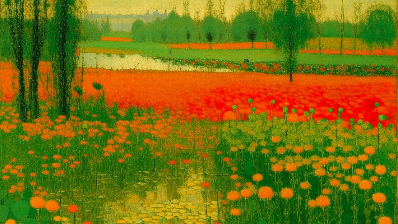 An olive green wetlands with fiery orange flowers painted by Georges Seurat