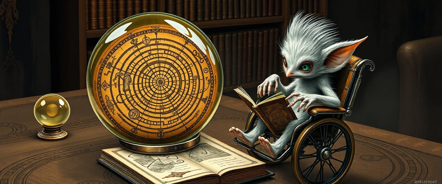 map of labyrinth contained in a glass ball with elemental sigils and symbols on a table beside a book called Rotten Riddles Age with weird illustrations, being read by an fluffy imp gremlin druid librarian in a cyber punk wheel chair in the style of Giger and Escher