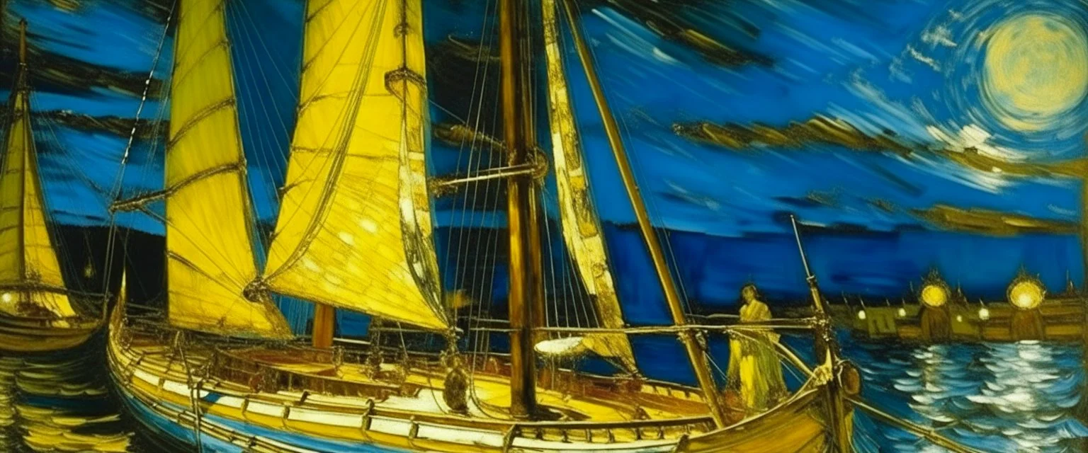 A yellow shining light yacht painted by Vincent van Gogh