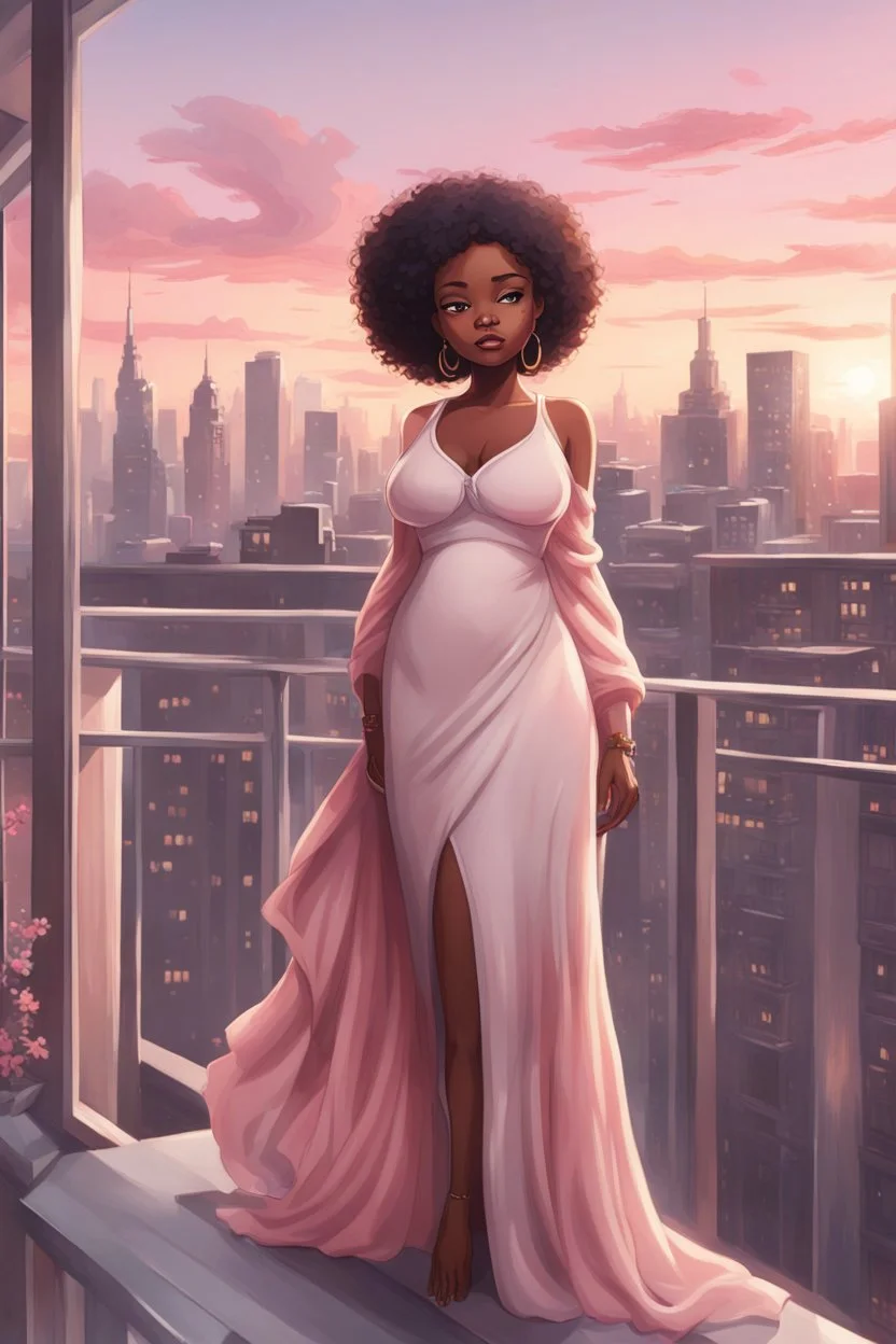 The scene opens onto a serene balcony overlooking a bustling city skyline. The sky above is painted in soft hues of pink and gray as the sun begins its descent, casting a warm glow over everything it touches. In the foreground stands a captivating figure, airbrush chibi cartoon curvy black woman exuding confidence and elegance. She is adorned in a flowing white knit maxi dress that hugs her curves in all the right places, accentuating her silhouette. Her choice of footwear is equally stunning