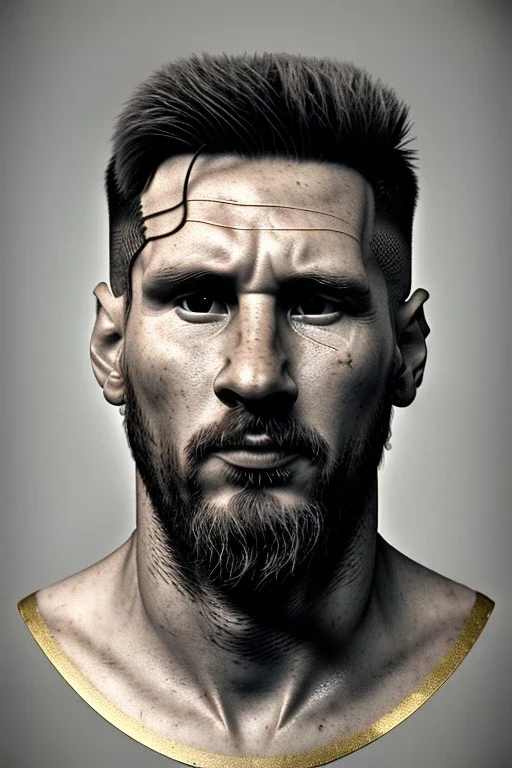 Realistic image, lionel Messi sculpture, white marble material with gold veins, gold laurel leaves crown, gold ornaments, Renaissance style, sun rays background, waist up portrait, epic, celestial, cinematic lighting, God lights, 4k resolution, smooth details, soft lighting, unreal engine 5, art station, substance 3d.