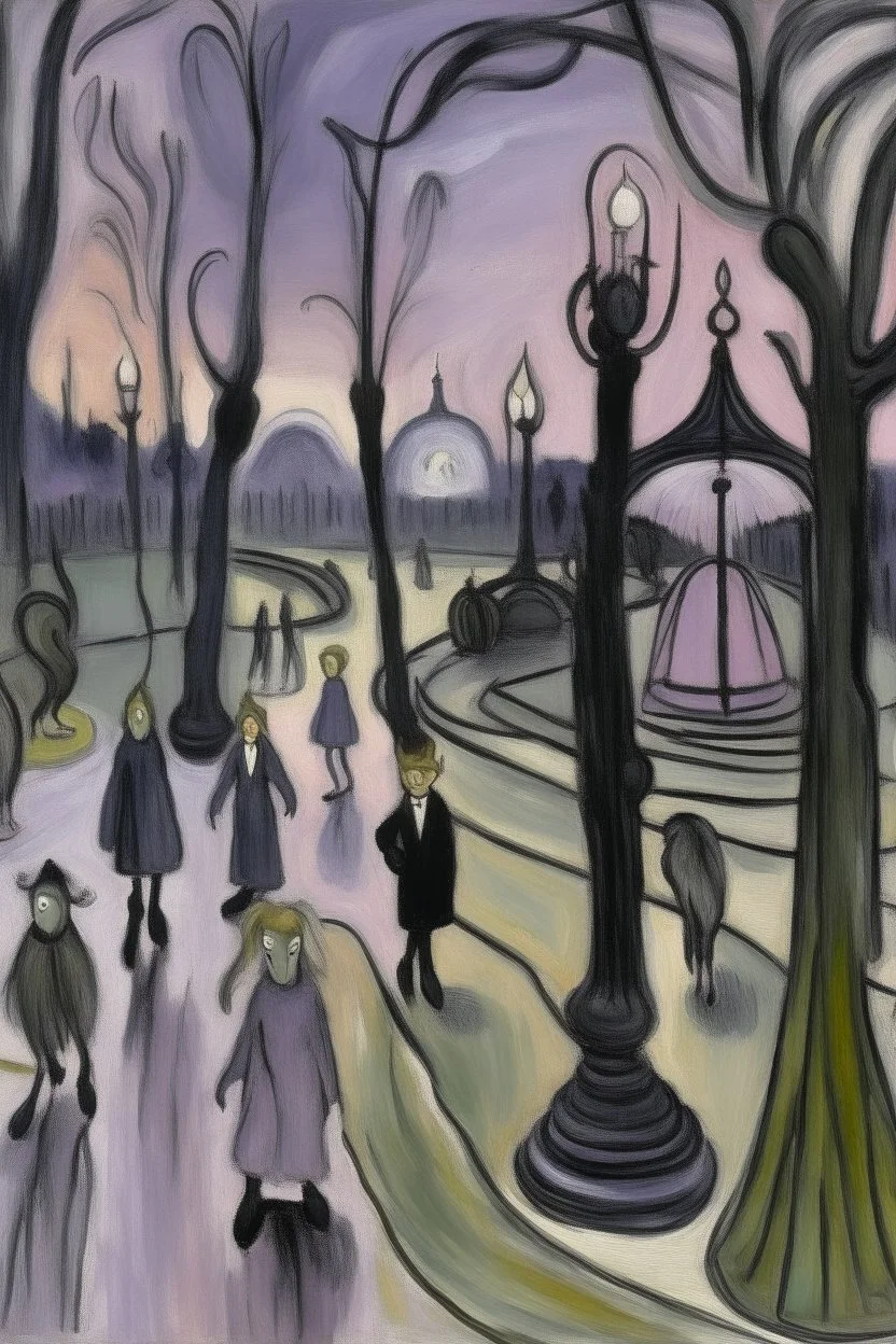 A grayish light purple haunted amusement park painted by Edvard Munch