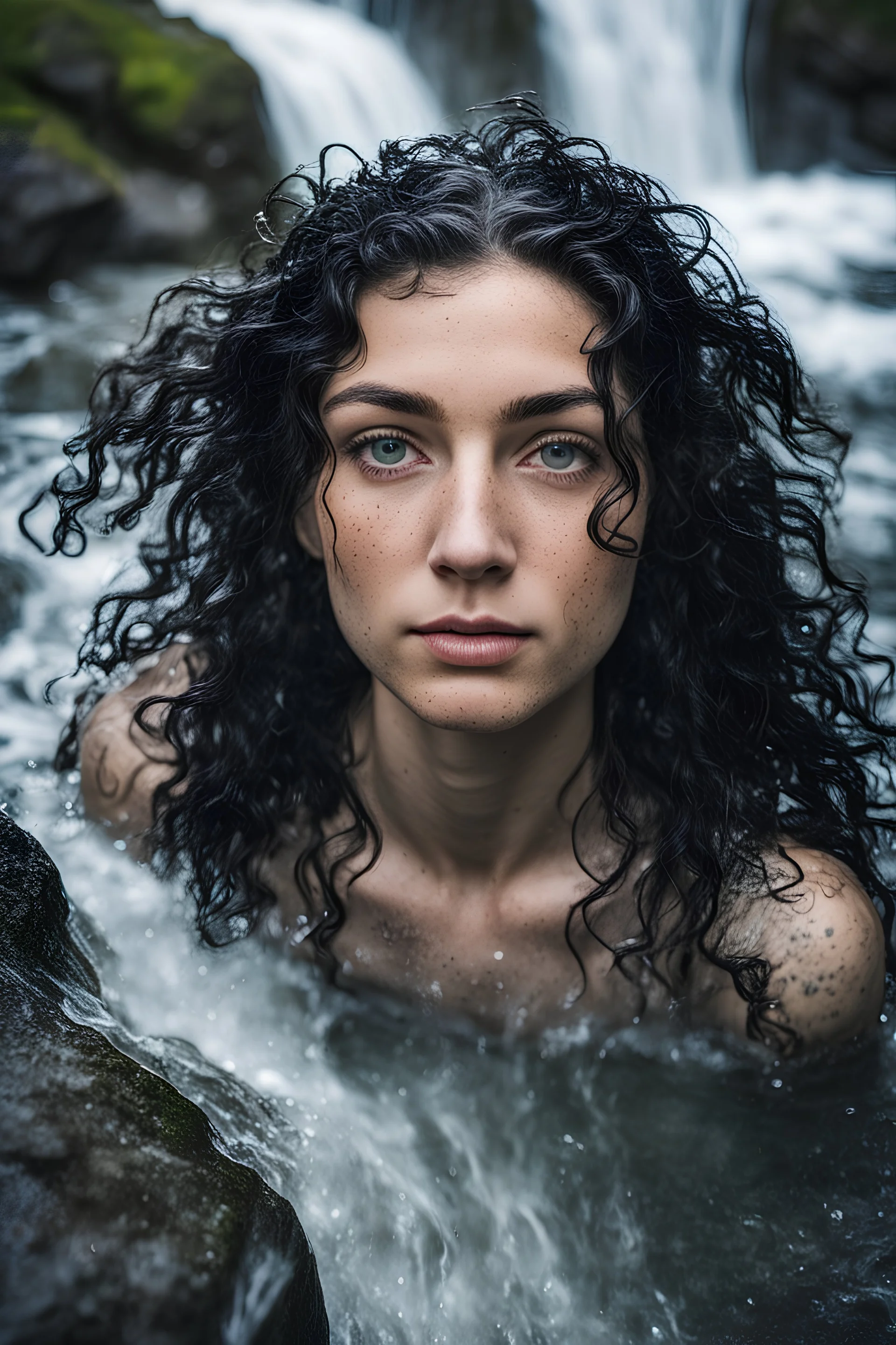 Macro portrait, top-down view, woman aged twenty-five years, tattooed, wet black long curly hair, gray eyes in a waterfall, water, drops, splash