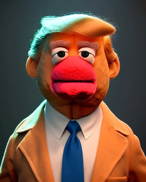 Waist up Portrait, Donald trump muppet, Sesame Street style, retro style, photo studio, unreal engine 5, god lights, ray tracing, RTX, lumen lighting, ultra detail, volumetric lighting, 3d.