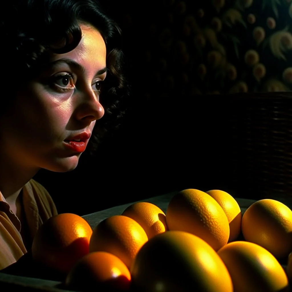 Strong texture, photorealism, odd eggs, Caravaggio. People, dynamism. Intricate patterns, hypermaximalist. Surreal, eerily mysterious, pastel colors. Italian horror, Dario Argento. Movie shot, spooky horror. 33mm photography.